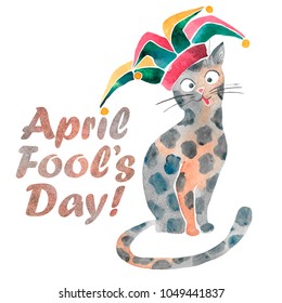 Hand Drawn Watercolor Card To April Fools Day With Funny Cat