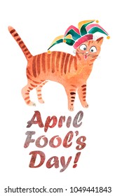 Hand Drawn Watercolor Card To April Fools Day With Funny Cat