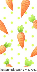 Hand Drawn Watercolor Carrot For Wallpaper Mobile Phone. Vegetable Object And Green Polka Dot Isolated On White Background. Seamless Pattern Illustration Background.