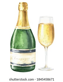 Hand Drawn Watercolor Champagne Bottle And Glass Isolated On White Background.