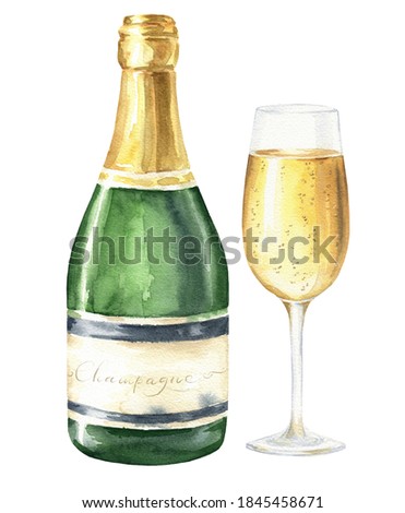 Hand drawn watercolor champagne bottle and glass isolated on white background.