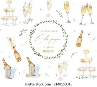 Hand drawn watercolor champagne glasses and champagne bottle popped open, party illustration watercolor graphics - Powered by Shutterstock