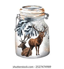 Hand drawn watercolor Christmas illustration of a Deer in a Jar isolated on a white background. Reindeer and Christmas Tree painting. Design cards. Hello Winter. - Powered by Shutterstock