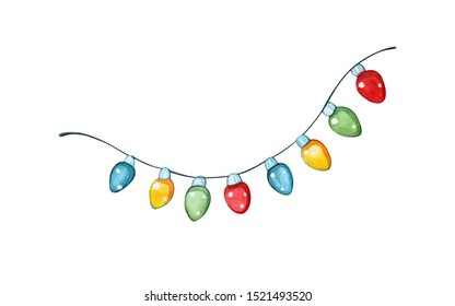 Hand Drawn Watercolor Clipart Illustration Of Multicolored Electric Garland Lights Or Bulbs On String Isolated On White. Christmas, Decoration And Celebration Concept