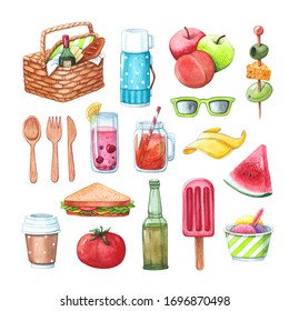 Hand Drawn Watercolor Clipart Set Of Summer Picnic Elements Isolated On White Background. Food, Eating And Leisure Concept