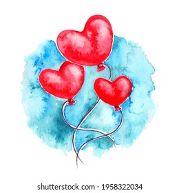 Hand drawn watercolor clipart. Vintage art illustration. Design element on white background. Three heart shaped helium balloons fly up.