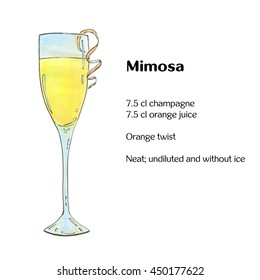 Hand Drawn Watercolor Cocktail Mimosa On White Background 