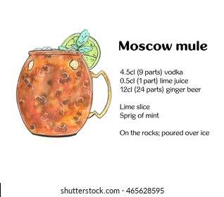 Hand Drawn Watercolor Cocktail Moscow Mule Vodka Buck On White Background