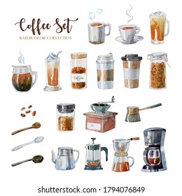 Hand Drawn Watercolor Coffee Equipment. Such As, Mug, Jar, Coffee Machine, Spoon, Arabica Beans And A Lot Of Type Of Coffee Cup. 
