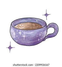 Hand Drawn Watercolor Coffee Mug Decorated With Celestial Symbols. Cute Cup Of Coffee. Isolated On White Background