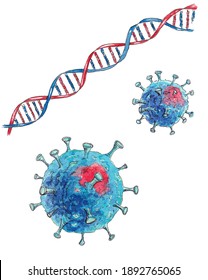 Hand Drawn Watercolor Coronavirus COVID And DNA Strand. Pandemic And Quarantine Today's Global Human Problem