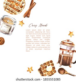 Hand drawn watercolor cozy and warm corner frame background for text. Template of food clipart isolated on white background: pie, waffles, candle, coffee, cinnamon roll. Winter holidays illustration.