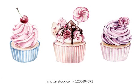 Hand Drawn Watercolor Cupcake Set