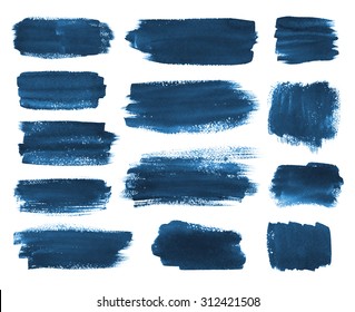 Hand Drawn Watercolor Dark Blue Brush Stokes Banners Collection.