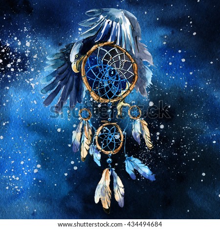 Hand drawn watercolor Dream catcher with eagle