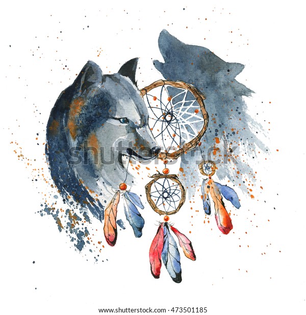 オオカミと手描きの水彩ドリームキャッチャー のイラスト素材