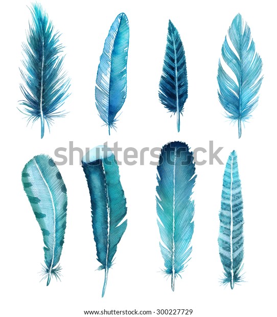 Hand Drawn Watercolor Feather Set Raster のイラスト素材