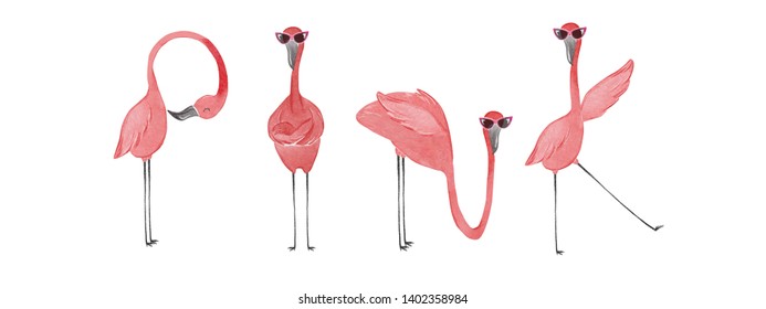Hand drawn watercolor flamingos. Flamingo Pink lettering