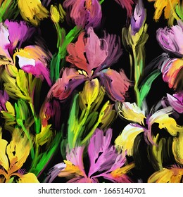 Hand Drawn Watercolor Floral Seamless Pattern. Bright Botanical Illustration With Blooming Painted Iris Flowers. Summer Background With Brush Strokes Texture. Impressionist Flower Painting.