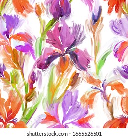 Hand drawn watercolor floral seamless pattern. Bright botanical illustration with blooming painted iris flowers. Summer background with brush strokes texture. Impressionist flower painting.