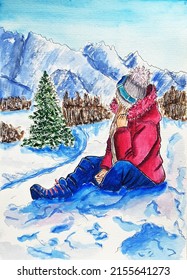 Hand    drawn watercolor girl in the mountains in the snow is sitting and her back   Winter  snow  covered trees 