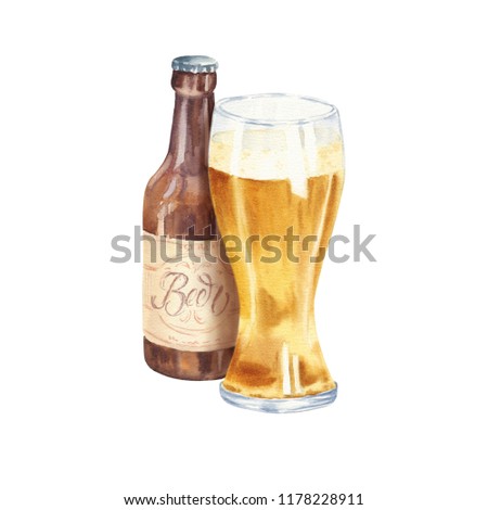 Hand drawn watercolor glass of lager beer with bottle, realistic illustration isolated on white background. Drink composition drawing.