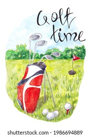 Hand Drawn Watercolor Golf Club And Balls In A Bag. Lettering Golf Time