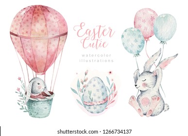 Hand drawn watercolor happy easter set with bunnies design. Rabbit bohemian style, isolated boho illustration on white. Cute baby bunny rabbit illustration for design