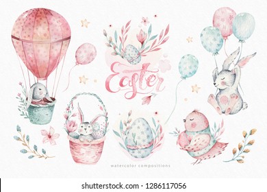 Hand drawn watercolor happy easter set and bunnies design  Rabbit bohemian style  isolated boho illustration white  Cute baby bunny rabbit illustration for design
