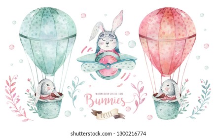 Hand drawn watercolor happy easter set and bunnies design  Rabbit bohemian style  isolated boho illustration white  Cute baby bunny rabbit illustration for design