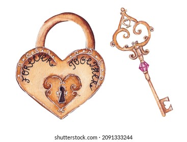 Hand Drawn Watercolor Heart Lock And Cute Key, In Vintage Style For Valentine's Day Or Wedding, Isolated On White Background