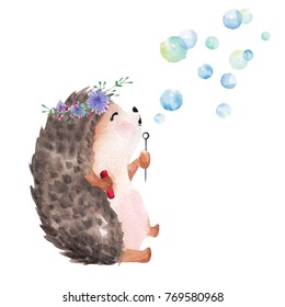 Hand drawn watercolor hedgehod blowing bubbles