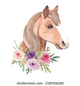 Hand Drawn Watercolor Horse With A Flower Bouquet