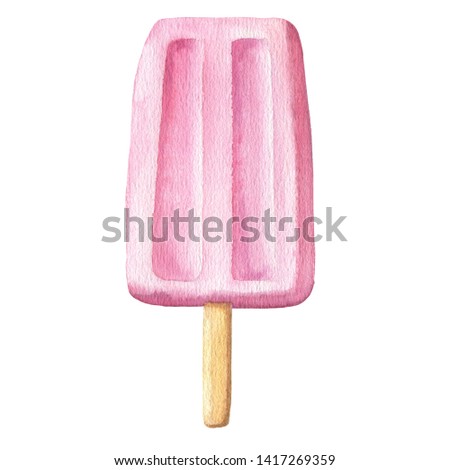 Hand drawn watercolor ice cream, pink popsicle isolated on white background. Delicious summer food illustration.