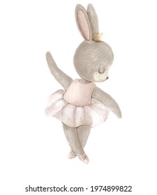 Hand Drawn Watercolor Illustartion Of A Baby Rabbit With Ballet Dancer Accesoires