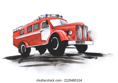 Hand drawn watercolor illustration  An abstract fire truck in the old style rushes to the fire  Red body  black wheels  dynamic composition  Decorative element  Sketch drawing white background 