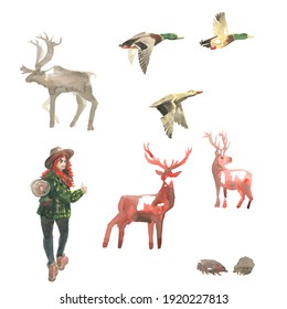 Hand drawn watercolor illustration. Conсept Art. Set of elements for design isolated on a white background. Deer. Flying duck. Hedgehog. Girl. Outdoor. Environment. Entourage.