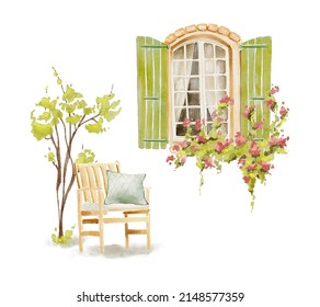 Hand drawn watercolor illustration of countryside’s backyard. Old village wooden window with flowers. Outdoors chair with pillows. Country garden tree.