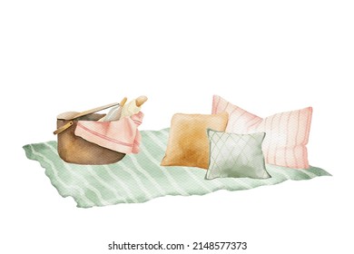 Hand Drawn Watercolor Illustration Of Countryside’s Backyard. Outdoor Village Picnic Time. Picnic Basket With Wine And Bread. Pillows And Blanket For Family Picnic