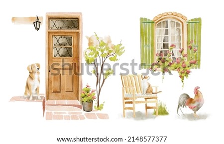 Hand drawn watercolor illustration of countryside’s backyard. Vintage old wooden door and plants. Village flowered porch. Farm life. Domestic animals. Wooden chair and bench. Flower pot. Dog and cat