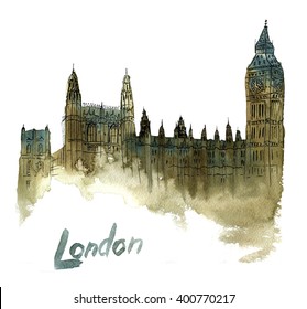 Hand Drawn Watercolor Illustration Of Big Ben, London, United Kingdom