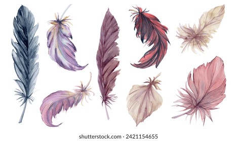 Hand drawn watercolor illustration bird feather plume quill boho tribal ethnic indian. Set of objects isolated on white background. Design for charm, scrapbooking, dreamcatcher, handmade craft, tattoo