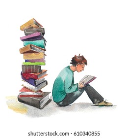 Hand Drawn Watercolor Illustration Of Books And Reading Boy 