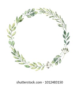 Hand Drawn Watercolor Illustration. Botanical Wreath Of Green Branches And Leaves. Spring Mood. Floral Design Elements. Perfect For Invitations, Greeting Cards, Prints, Posters, Packing Etc