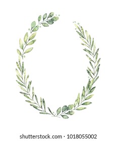 Hand Drawn Watercolor Illustration. Botanical Wreath Of Green Branches And Leaves. Spring Mood. Floral Design Elements. Perfect For Invitations, Greeting Cards, Prints, Posters, Packing Etc