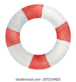 Hand drawn watercolor illustration bright lifebuoy red and white colors