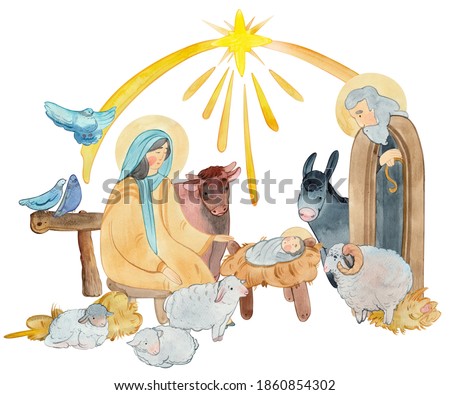
Hand drawn watercolor illustration Christian nativity scene. Virgin Mary, Jesus Christ, Joseph, sheep, animals, Star of Bethlehem.For Merry Christmas greeting cards, Christian publications and prints