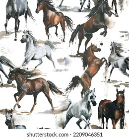 Hand Drawn. Watercolor  Illustration. Cute Cartoon. Seamless Pattern. Horses White And Dark Brown. Mustang Wild Arabian.  White Background. Pastel Color. For Home Design. Other Texture.