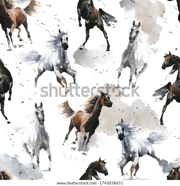 Hand drawn watercolor illustration. Cute cartoon. Seamless pattern. Horses white and dark brown. Mustang wild Arabian. White background. Pastel color. For wallpaper mural. 