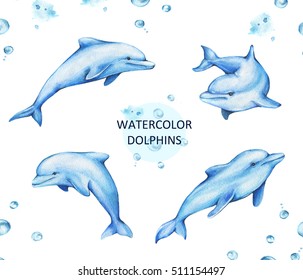 Hand Drawn Watercolor Illustration Dolphins Isolated Stock Illustration